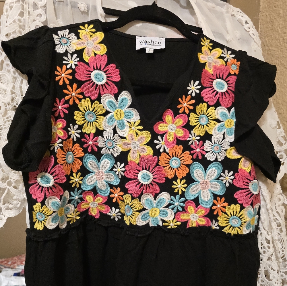 Black Top with Colorful Floral Embroidery By Washco Apparel Sz Small $8 Or 2/$10